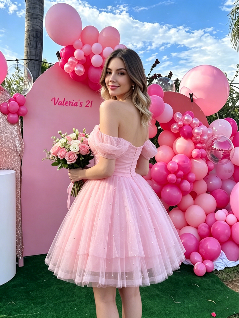 Pretty Blush Tulle Homecoming Dress Sweetheart Pearl Embellished Puff Sleeves,HD1249