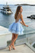 Modern Blue Floral Halter Homecoming Dress Tiered Tulle Skirt Pretty Party Mini Dress,HD1306