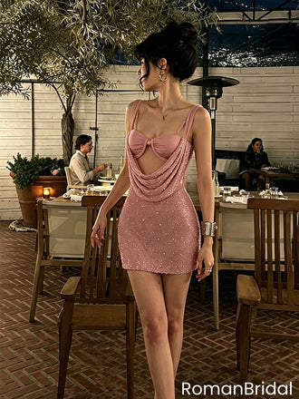 Modern Dusty Pink Sequin Homecoming Dress Cowl Neck Chic Cut-out Design,HD1257