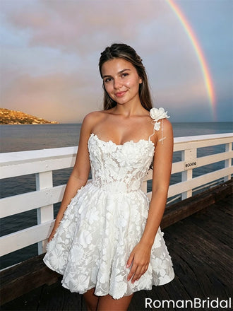 Stunning White Floral Applique One Shoulder 3D Lace Short Homecoming Dress,HD1314