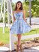 Modern Blue Floral Corset Homecoming Dress Unique Square Neck Mini Party Fit,HD1268