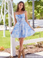 Modern Blue Floral Corset Homecoming Dress Unique Square Neck Mini Party Fit,HD1268