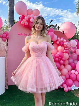 Pretty Blush Tulle Homecoming Dress Sweetheart Pearl Embellished Puff Sleeves,HD1249