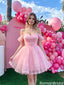 Pretty Blush Tulle Homecoming Dress Sweetheart Pearl Embellished Puff Sleeves,HD1249