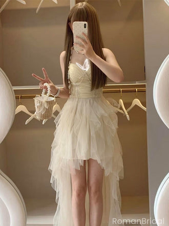Elegant White Spaghetti Strap High Low Sleeveless Homecoming Dresses For Birthday Party,HD1182