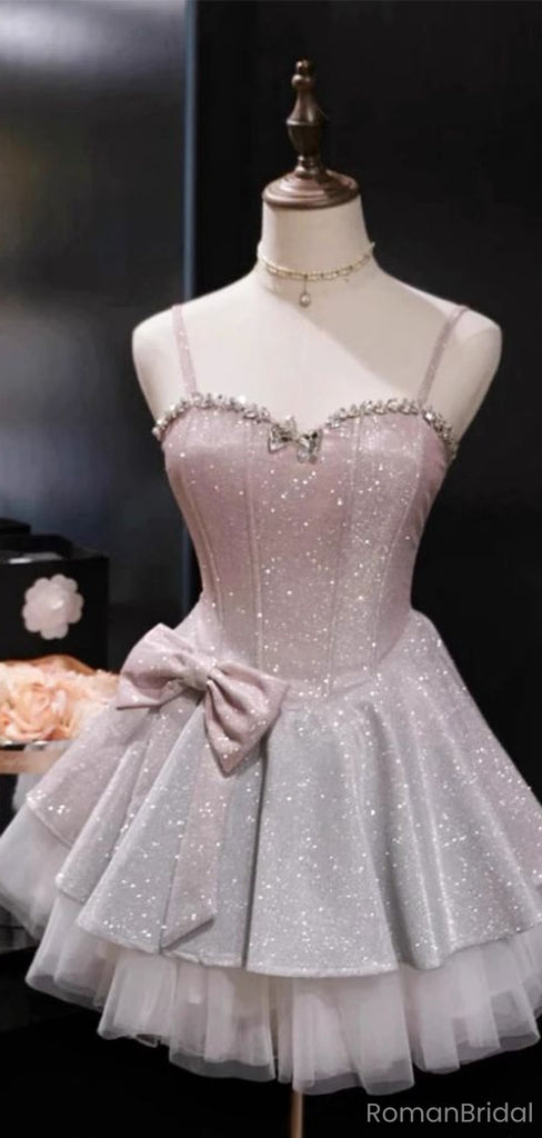 Sparkly Pink Spaghetti Strap A-Line Sleeveless Homecoming Dresses For Birthday Party,HD1183