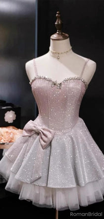 Sparkly Pink Spaghetti Strap A-Line Sleeveless Homecoming Dresses For Birthday Party,HD1183