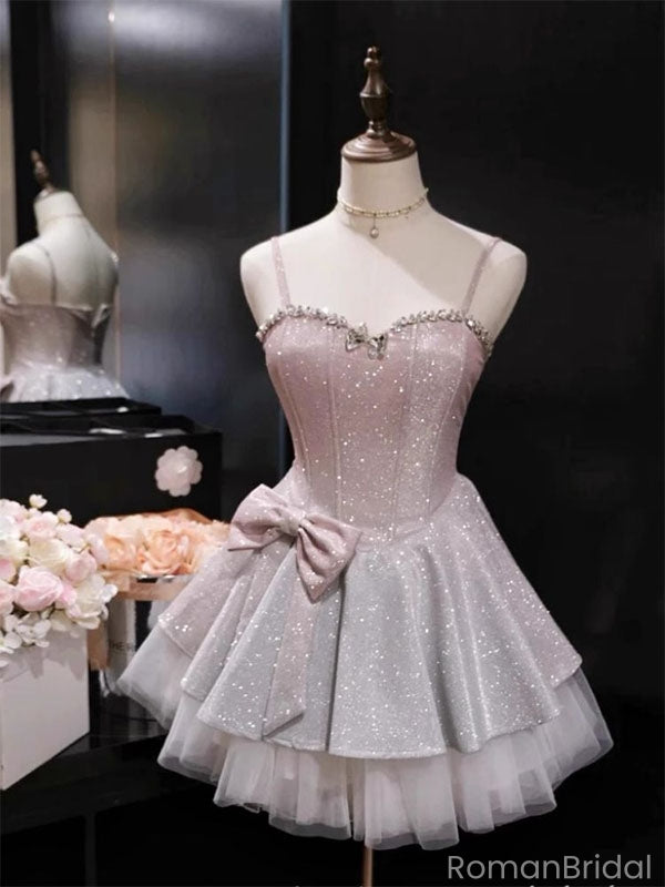 Sparkly Pink Spaghetti Strap A-Line Sleeveless Homecoming Dresses For Birthday Party,HD1183