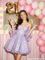 Pretty Lavender Sweetheart Puff Sleeve Homecoming Dress Sequin Mesh Flared Mini Gown,HD1238