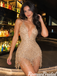 Fancy Champagne Gold Deep V-Neck Beaded Fringe Short Homecoming Dress with Tassels,HD1382