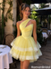 Fancy Yellow One-Shoulder Layered Tulle Short Homecoming Dress with Corset Bodice,HD1356