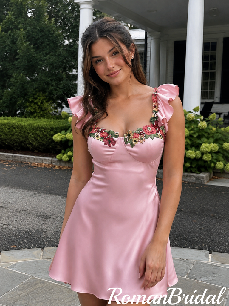 Pretty Pink Satin Homecoming Dress Sweetheart Neck Ruffle Sleeves Floral Embroidery,HD1360