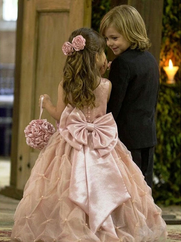 Pretty Pink Flower Girl Ball Gown Featuring Fancy Pearl Accented Tulle, FGS0054