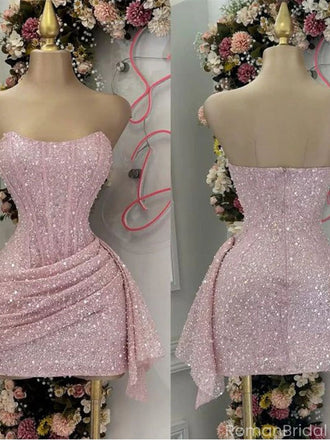 Sexy Pink Sweetheart Sleeveless Mermaid Sequin Short Homecoming Dresses For Party,HD1141