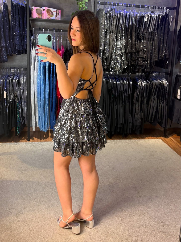 Shiny Spaghetti Strap Sleeveless A-line Sequin Short Homecoming Dresses For Party,HD1139