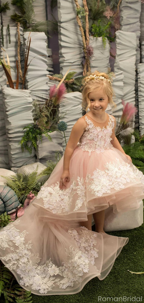 Unique Pink Halter High Low Sleeveless Floral Long Flower Girl Dress, FGS0046
