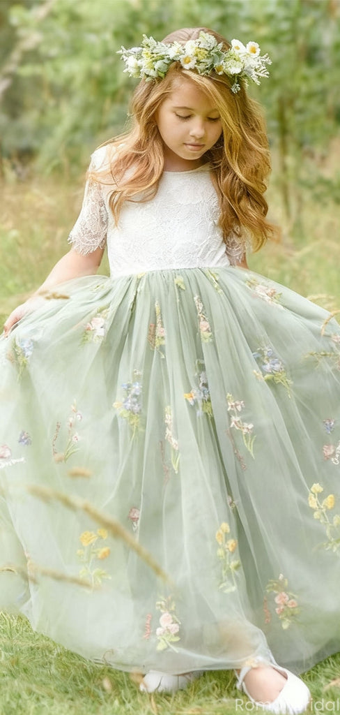 Elegant Green Jewel Short Sleeve Floral Long A-Line Flower Girl Dress, FGS0040