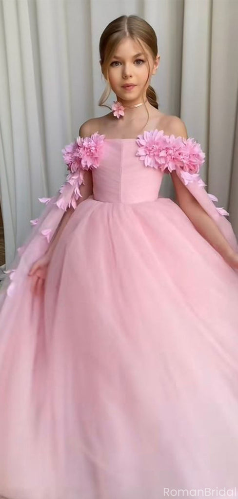 Cute Pink Off-Shoulder Floral Long A-Line Flower Girl Dress , FGS0038