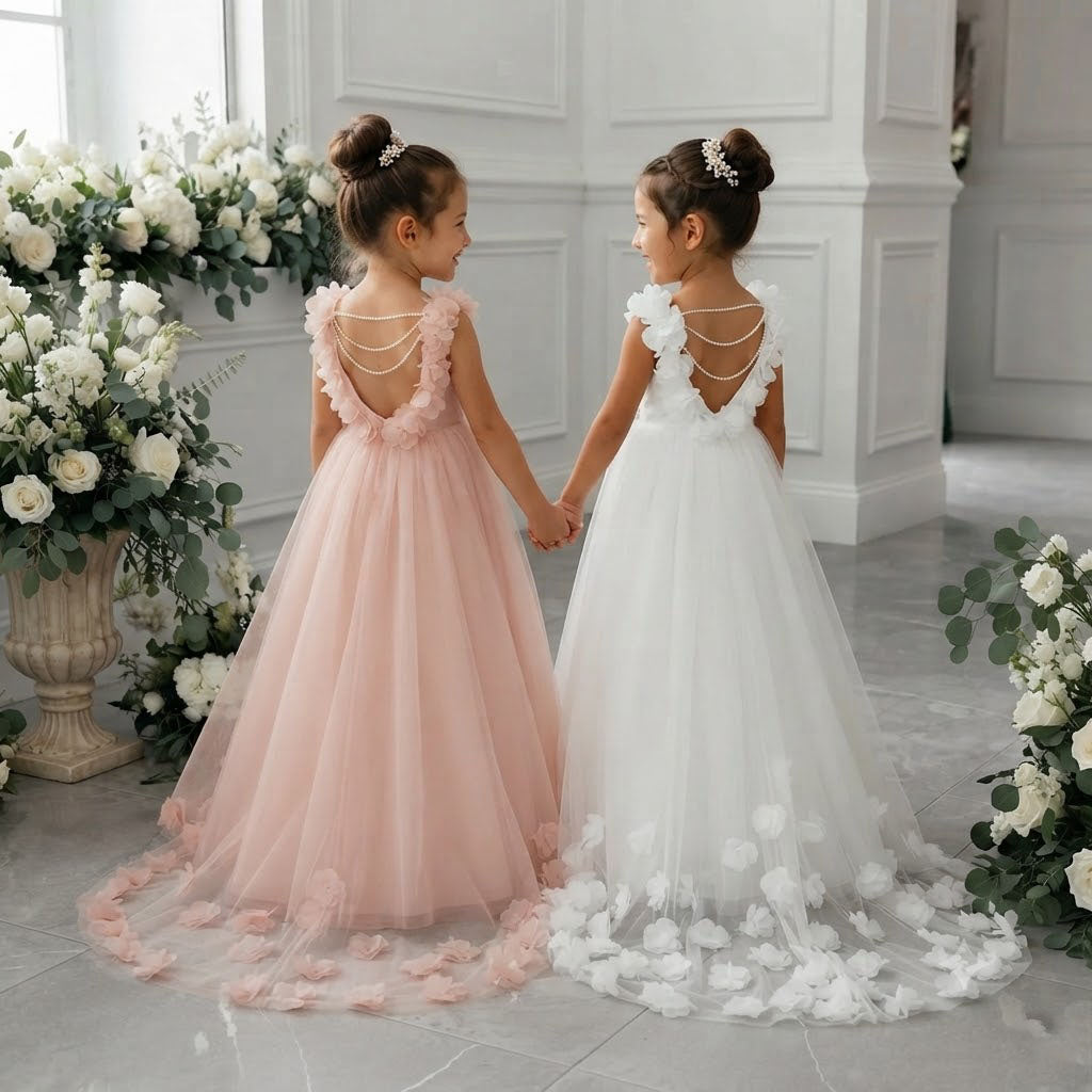 Beautiful 3D Floral Applique A-Line Tulle Flower Girl Dress for Wedding Party, FGS0056