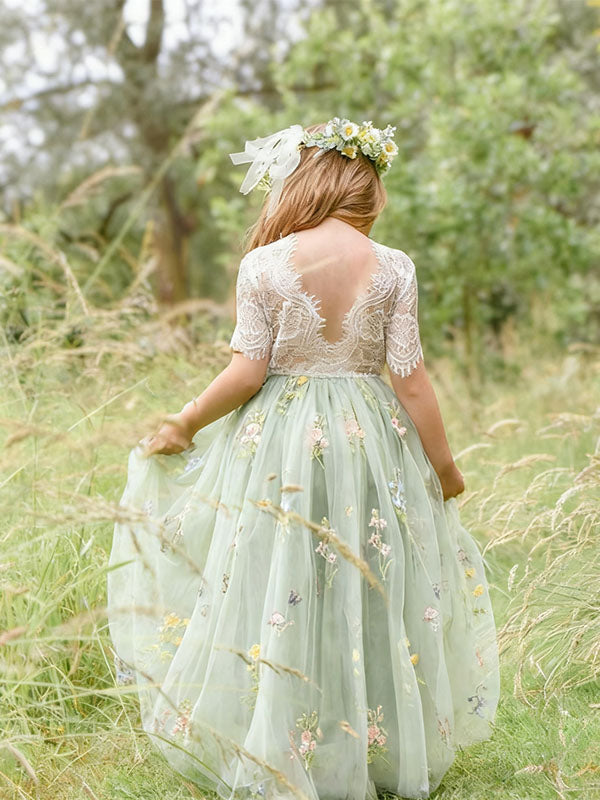 Elegant Green Jewel Short Sleeve Floral Long A-Line Flower Girl Dress, FGS0040