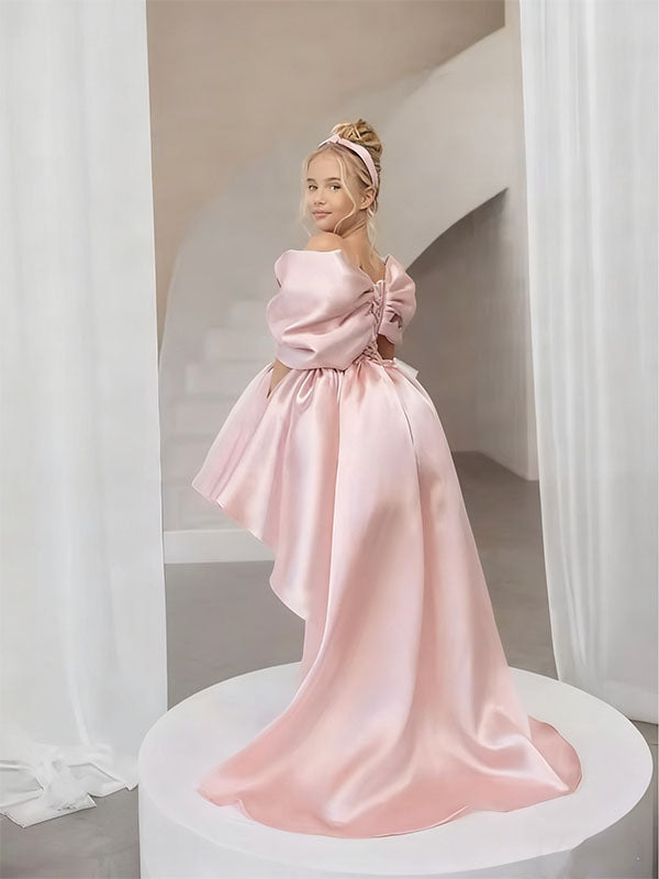 Unique Pink High Low Sleeveless Floral Long A-Line Flower Girl Dress, FGS0045