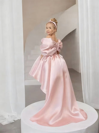 Unique Pink High Low Sleeveless Floral Long A-Line Flower Girl Dress, FGS0045