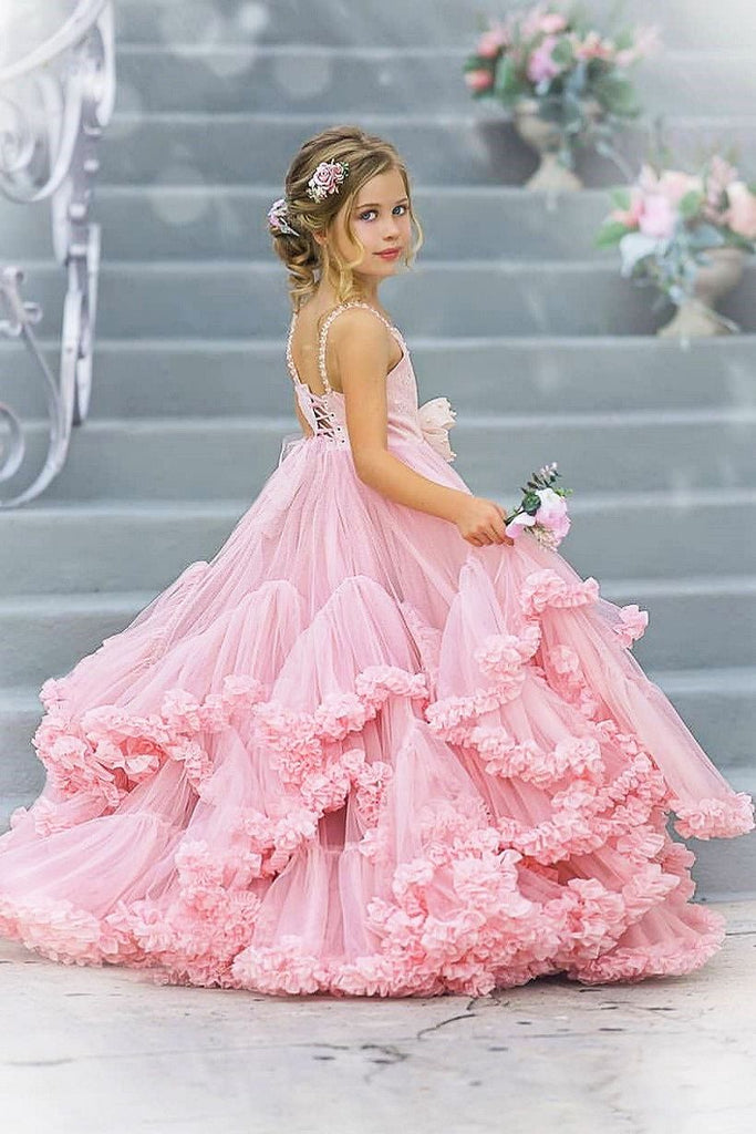 Floral Pink Spaghetti Strap A-Line Sleeveless Long Flower Girl Dress, FGS0048
