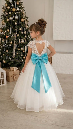 Fancy Lace Flower Girl Dress Beautiful Tulle Ball Gown with Blue Sash Ribbon, FGS0055