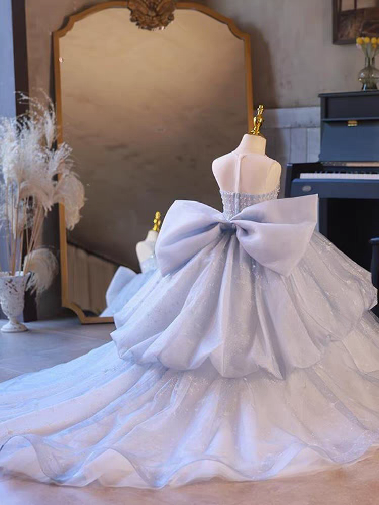 Sparkly Blue Sweetheart Sleeveless Floral Long A-Line Flower Girl Dress, FGS0043