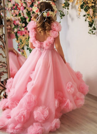 Cute Pink V-Neck Floral Long A-Line Flower Girl Dress, FGS0039