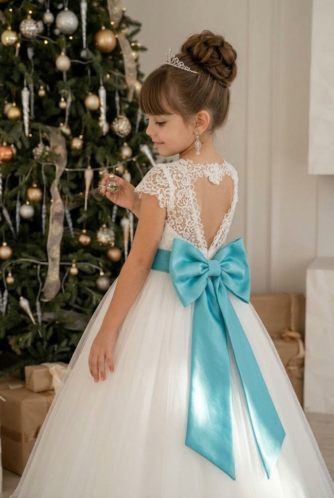 Fancy Lace Flower Girl Dress Beautiful Tulle Ball Gown with Blue Sash Ribbon, FGS0055