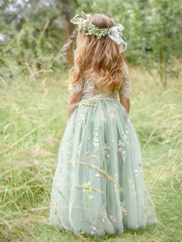 Elegant Green Jewel Short Sleeve Floral Long A-Line Flower Girl Dress, FGS0040