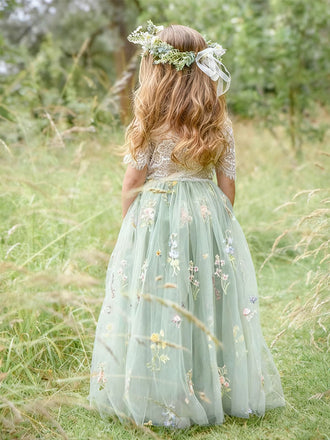 Elegant Green Jewel Short Sleeve Floral Long A-Line Flower Girl Dress, FGS0040