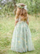 Elegant Green Jewel Short Sleeve Floral Long A-Line Flower Girl Dress, FGS0040