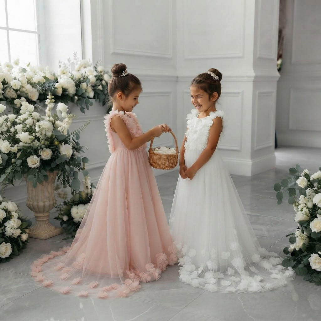 Beautiful 3D Floral Applique A-Line Tulle Flower Girl Dress for Wedding Party, FGS0056