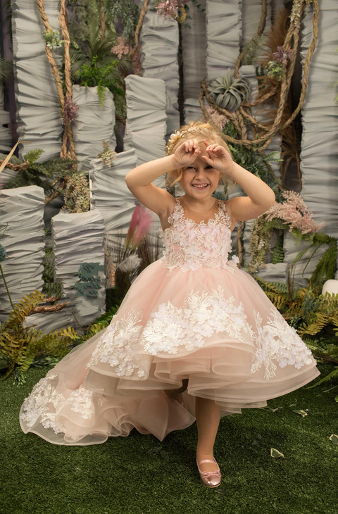 Unique Pink Halter High Low Sleeveless Floral Long Flower Girl Dress, FGS0046