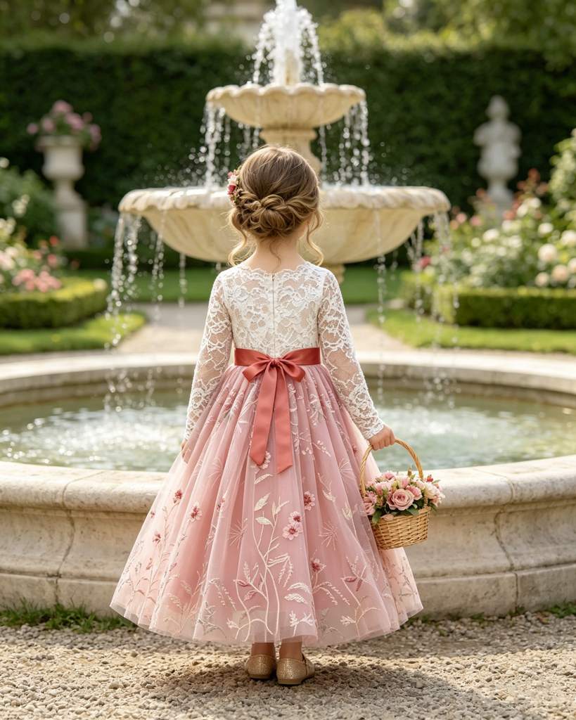 Elegant Long Sleeve Flower Girl Dress Embroidered Tulle V-Neck Kids Gown, FGS0051