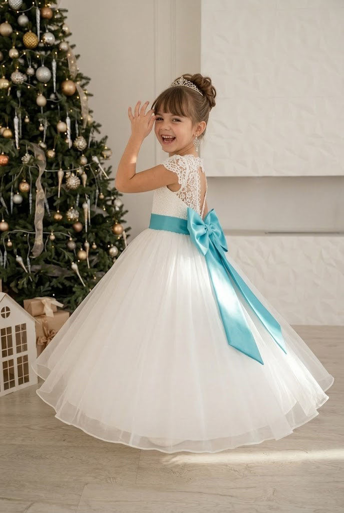 Fancy Lace Flower Girl Dress Beautiful Tulle Ball Gown with Blue Sash Ribbon, FGS0055