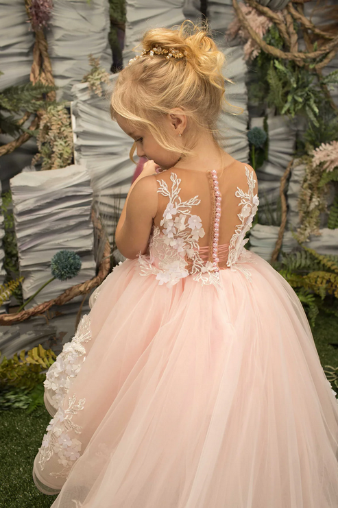 Unique Pink Halter High Low Sleeveless Floral Long Flower Girl Dress, FGS0046