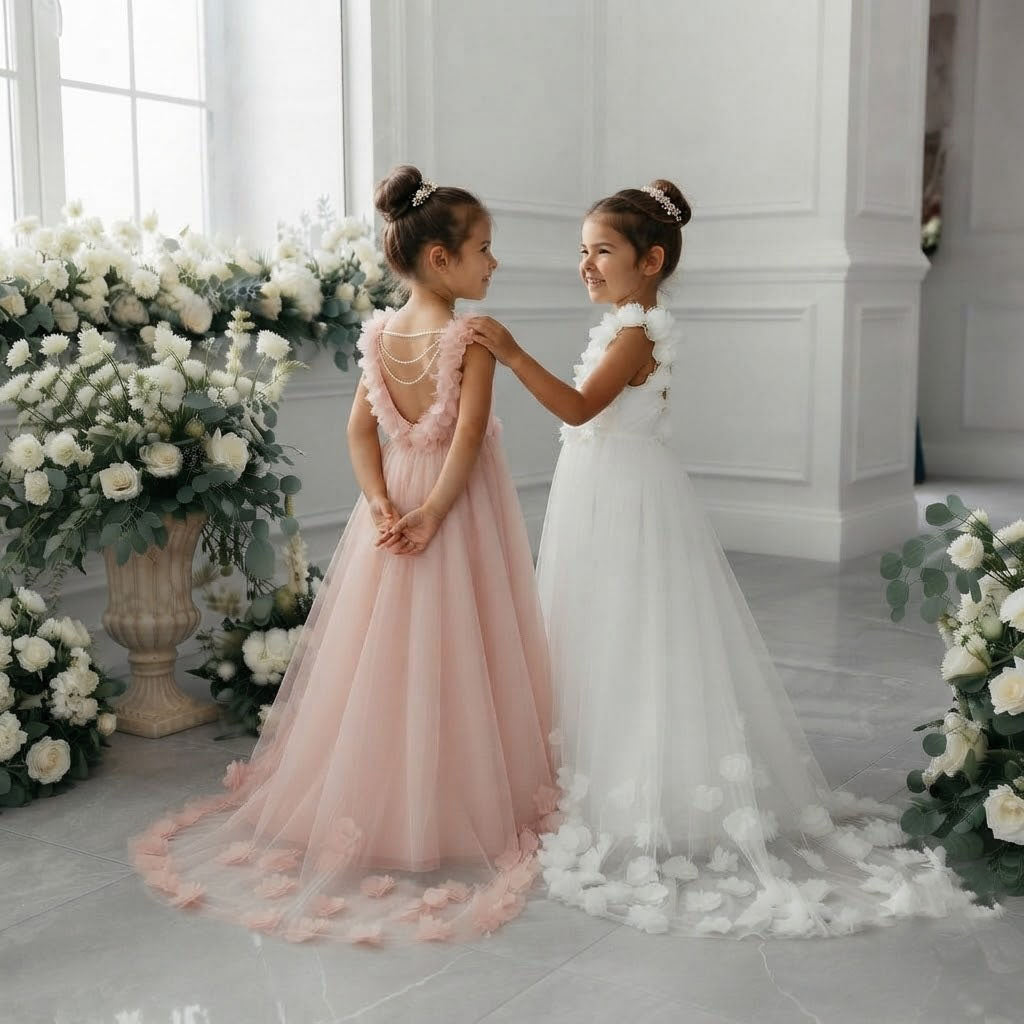 Beautiful 3D Floral Applique A-Line Tulle Flower Girl Dress for Wedding Party, FGS0056