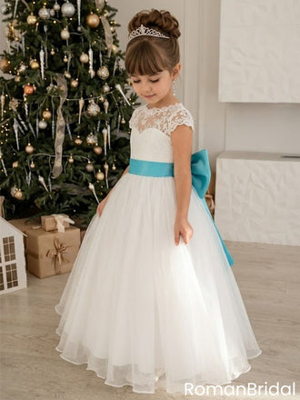 Fancy Lace Flower Girl Dress Beautiful Tulle Ball Gown with Blue Sash Ribbon, FGS0055
