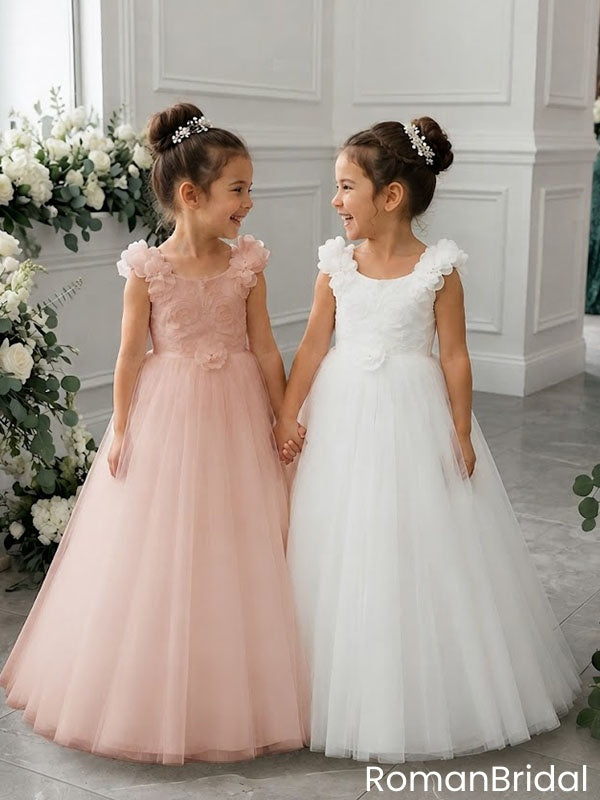 Beautiful 3D Floral Applique A-Line Tulle Flower Girl Dress for Wedding Party, FGS0056