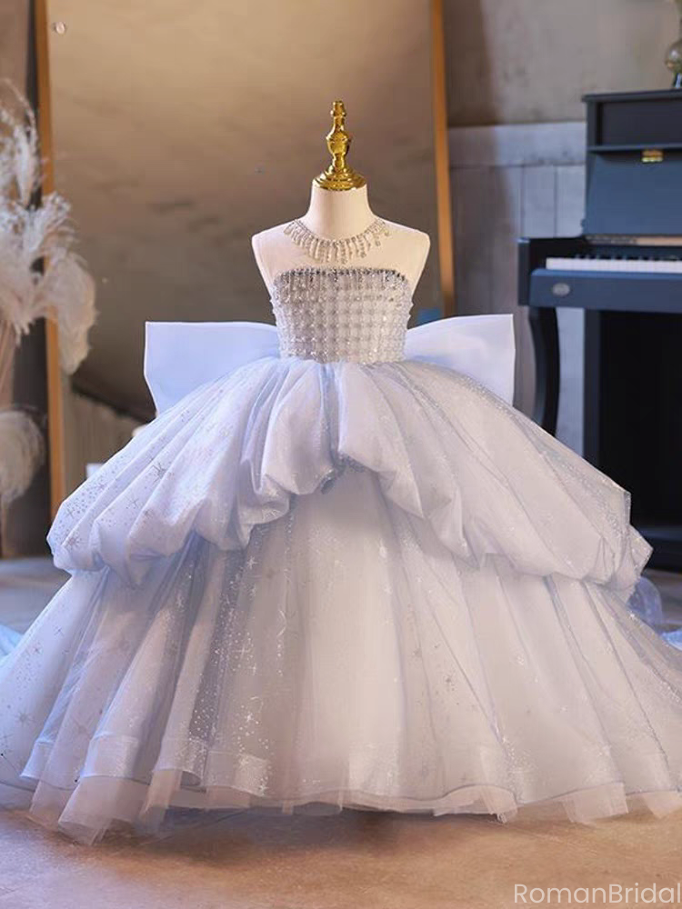 Sparkly Blue Sweetheart Sleeveless Floral Long A-Line Flower Girl Dress, FGS0043