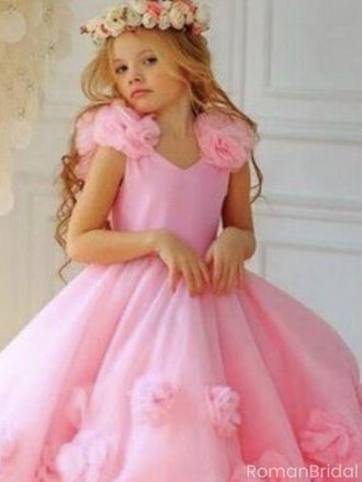 Cute Pink V-Neck Floral Long A-Line Flower Girl Dress, FGS0039
