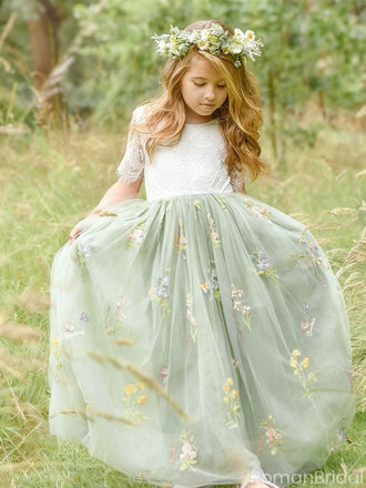 Elegant Green Jewel Short Sleeve Floral Long A-Line Flower Girl Dress, FGS0040