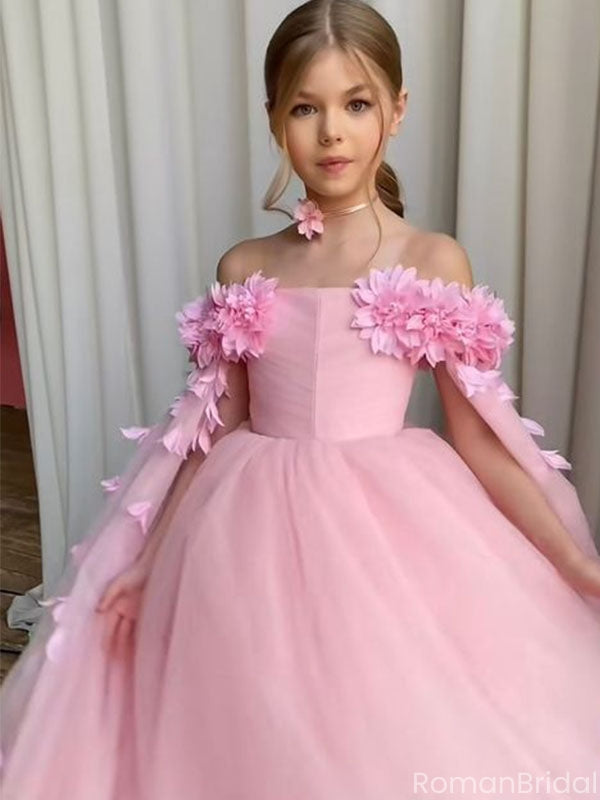 Cute Pink Off-Shoulder Floral Long A-Line Flower Girl Dress , FGS0038