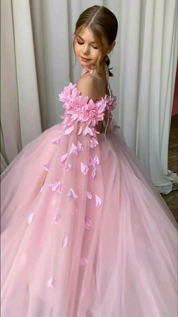 Cute Pink Off-Shoulder Floral Long A-Line Flower Girl Dress , FGS0038