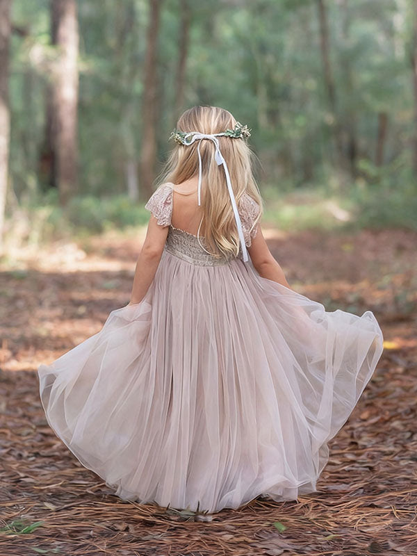 Cute Pink Short Sleeve Floral Long A-Line Flower Girl Dress, FGS0041