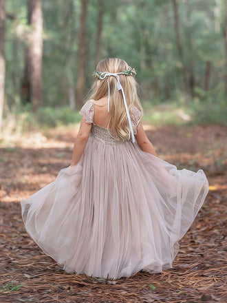 Cute Pink Short Sleeve Floral Long A-Line Flower Girl Dress, FGS0041