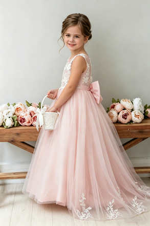 Pretty Pink Tulle Flower Girl Dress Floral Lace Bodice Sleeveless Bow Gown, FGS0049